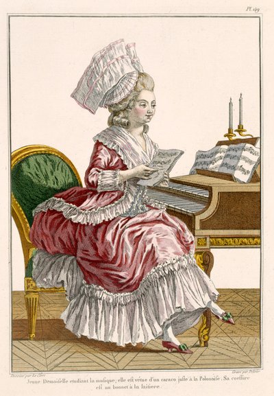 Nuori nainen, joka opiskelee musiikkia cembalossaan, levy 149 Galerie des Modes et Costumes Francais