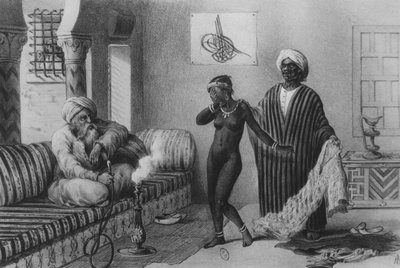 Nuori tyttö Timbuktoosta, jota orjamestari tarjosi Tripolissa vuonna 1854, teoksesta "Voyages au Soudan et dans L"Afrique Septentrionale", kaiverrus A. Adam, 1850 tekijältä Pierre Tremaux