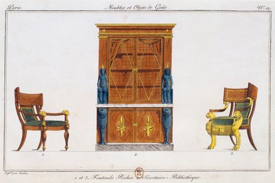 Nojatuolit ja kirjaston kirjoituspöytä, lautanen 12, kuvitus Collection de meubles et objects de gout -kokoelmasta (Kokoelma huonekaluja ja makuesineitä) tekijältä Pierre de La Mesangere