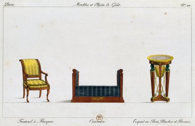 Laipallinen nojatuoli, loveseat ja kolmijalkainen pöytä, lautanen 211, kuvitus Collection de meubles et objects de gout -kokoelmasta (Kokoelma huonekaluja ja makuesineitä) tekijältä Pierre de La Mesangere