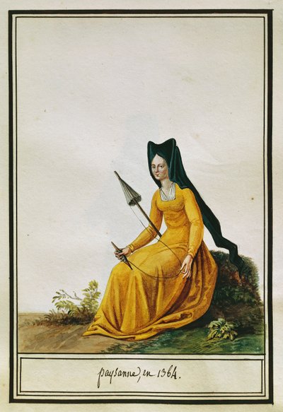 Ranskalainen naisviljelijä kehrää, Pierre Antoine Leboux de La Mesangere (1761-1831), akvarelli tekijältä Pierre de La Mesangere