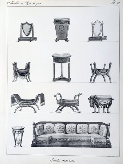 Aikakauden konsulaatin kalusteet (1802-1803). Levy otettu Pierre de la Mesangeren (1761-1831) kokoelmasta "" Collection de mobilier et objets de taste"". Pariisi. Koriste taide tekijältä Pierre de La Mesangere