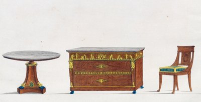 Mahonkipöytä, lipasto ja tuoli, lautanen 241, kuvitus Collection de meubles et objects de gout -kokoelmasta (Kokoelma huonekaluja ja makuesineitä) tekijältä Pierre de La Mesangere