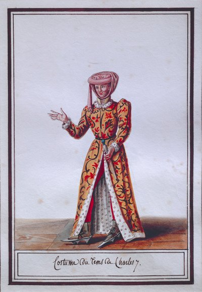 Pierre Antoine Leboux de La Mesangere (1761-1831) Charles VII:n (1403-1461) ajan pukua kuvaava naisten muotilautanen, akvarelli tekijältä Pierre de La Mesangere
