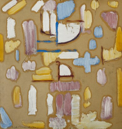 Koostumus vaaleanpunaisella, sinisellä, keltaisella ja valkoisella (kirkon julkisivu), n. 1912 (öljy levylle) tekijältä Piet Mondrian