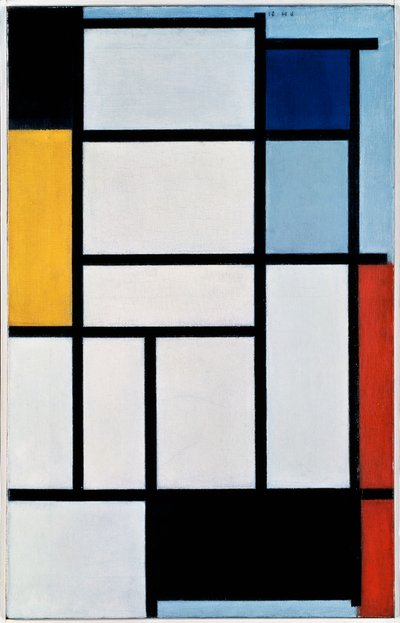 Koostumus punaisella, mustalla, keltaisella, sinisellä ja harmaalla tekijältä Piet Mondrian