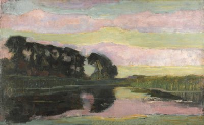 Jokimaisema vaaleanpunaisella ja keltavihreällä taivaalla, n. 1907-1908. tekijältä Piet Mondrian