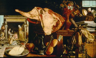""Vanitas et Christ chez Marthe et Marie"" (Turhamaisuus asetelma (Kristus Martan ja Marian talossa) Peinture de Pieter Aertsen (1508-1575) - 1552 - Öljy puulle Koko 61,5x101 cm Art History Museum, Vienne tekijältä Pieter Aertsen