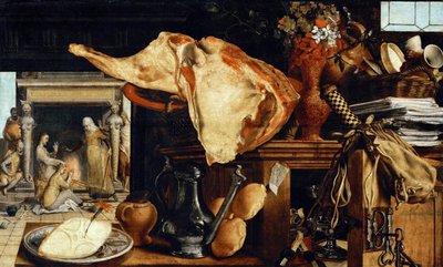 Vanity Still Life (Kristus Martan ja Marian talossa) - Pieter Aertsen (Dit Lange Pier) (1508-1575). Öljy puulle tekijältä Pieter Aertsen