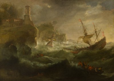 Alukset perustamassa kalliorannikolla, n. 1657-1701 (öljy kankaalle) tekijältä follower of Pieter Mulier