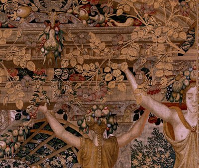 Flanderin kuvakudos. Sarjat Vertumnus ja Pomona.Vertumnus muuttuivat maanviljelijäksi. Sarjan toinen kuvakudos. Oikea osa nymfi Myrrhan muutosta. Pieter Coecke van Aelstin mallipiiri. Valmistus Wilhelm Pannemaker, Bryssel. noin 1545- tekijältä Pieter (circle of) Coecke van Aelst
