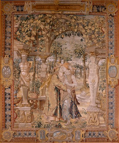 Flanderin kuvakudos. Sarjat Vertumnus ja Pomona. Vertumnus suutelee Pomonaa. Seitsemäs kuvakudos sarjassa. Pieter Coecke van Aelstin mallipiiri. Valmistus Wilhelm Pannemaker, Bryssel. Noin 1545-1550. Kangas Kulta, hopea, silkki ja villa. Koko 430 x 365 cm. tekijältä Pieter (circle of) Coecke van Aelst