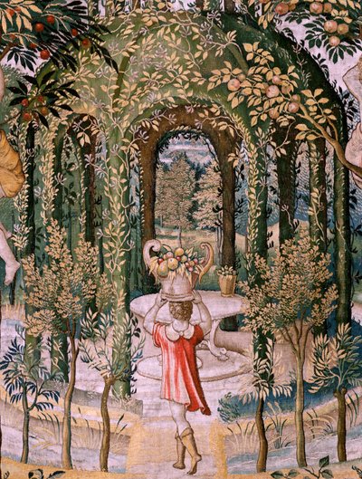 Flanderin kuvakudos. Sarja Vertumnus ja Pomona; Vertumnus muuttui puutarhuriksi (Vertumno transformado en jardinero). Sarjan viides kuvakudos. Pieter Coecke Van Aelstin ja Léonard Thiryn mallipiiri. Valmistus Tuntematon työpaja, Bryssel, befo tekijältä Pieter (circle of) Coecke van Aelst