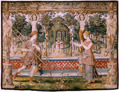 Flanderin kuvakudos. Sarja Vertumnus ja Pomona; Vertumnus muuttui puutarhuriksi (Vertumno transformado en jardinero). Sarjan viides kuvakudos. Pieter Coecke Van Aelstin ja Léonard Thiryn mallipiiri. Valmistus Tuntematon työpaja, Bryssel, befo tekijältä Pieter (circle of) Coecke van Aelst