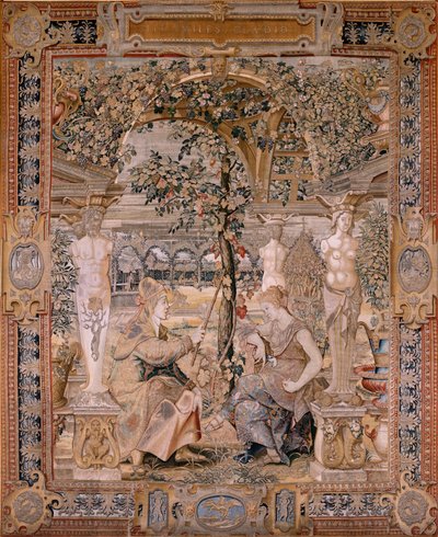 Flanderin kuvakudos. Sarjat Vertumnus ja Pomona. Vertumnus muuttui vanhaksi naiseksi. Vertumnus muuttui vanhaksi naiseksi. Sarjan kuudes kuvakudos. Pieter Coecke van Aelstin mallipiiri. Valmistus Wilhelm Pannemaker, Bryssel. Ca1545-1550. F tekijältä Pieter (circle of) Coecke van Aelst