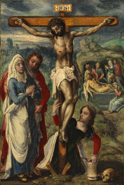 Kristus ristillä, taustalla hautaus, n. 1530 tekijältä Pieter Aertsen