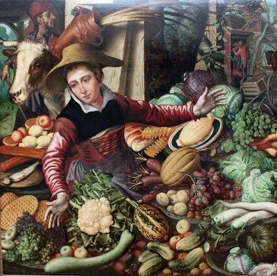 Saksa: Marktfrau am Gemüsestand Markkinaemäntä vihannespöydän ääressä. tekijältä Pieter Aertsen