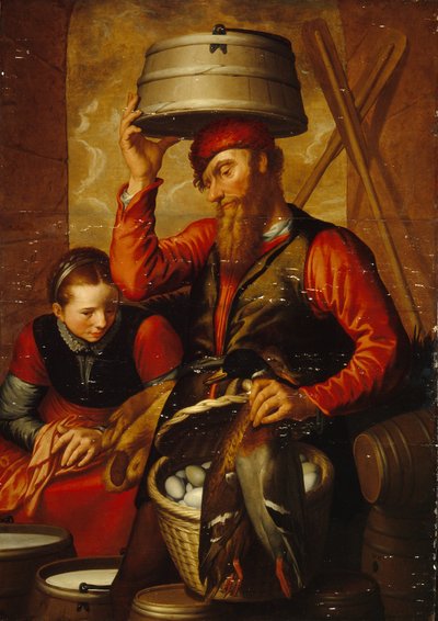 Siipikarjan myyjä (kanojen myyjä). Pari talonpoikaa perinteisessä asussa, valmistelee munakorinsa ja tavaransa markkinoille. Pieter Aertsenin (1508-1575) maalaus, öljy puulle tekijältä Pieter Aertsen