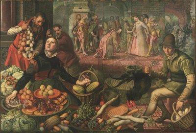 Kävelykohtaus ja Kristus aviorikoksentekijän kanssa - Kristus ja aviorikoksesta otettu nainen, Aertsen, Pieter dit Lange Pier tekijältä Pieter Aertsen