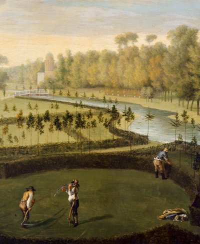 Chiswick Housen puutarhat lännestä (yksityiskohta numerosta 369420) (öljy paneelille) tekijältä Pieter Andreas Rysbrack