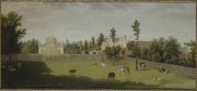 Näkymä uuteen huvilaan, vanhaan taloon ja talliin Burlington Lanen toiselta puolelta, Chiswick Villa (öljy kankaalle) tekijältä Pieter Andreas Rysbrack