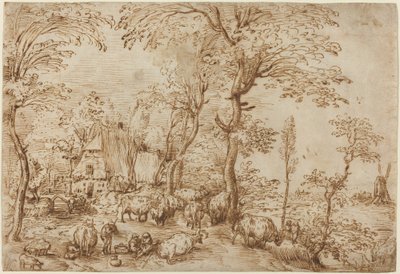 Talonpojat ja karja maalaistalon lähellä tekijältä Pieter Bruegel the Elder