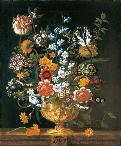 Huhtikuuta The Twelve Monthve of Flowersista, asetelmien kukkakalenterista tekijältä Pieter Casteels