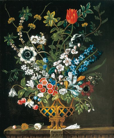 Helmikuuta, The Twelve Monthve of Flowersista, asetelmien kukkakalenterista tekijältä Pieter Casteels