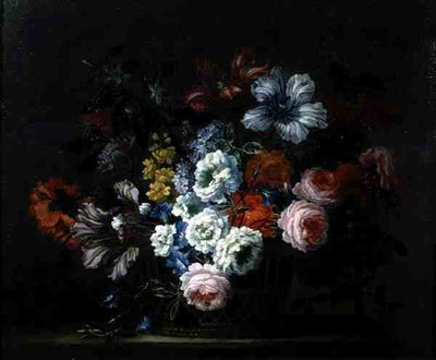 Ruusujen, pionien, tulppaanien ja Morning Glory -asetelma korissa (öljy kankaalle) tekijältä Pieter Casteels