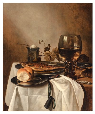 Rulla, silli, hopea suolakellari, suuri roemer ja veitsi päällystetyllä pöydällä, n. 1644 (öljy paneelissa) tekijältä Pieter Claesz