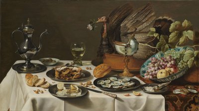 Asetelma kalkkunapiirakan kanssa tekijältä Pieter Claesz