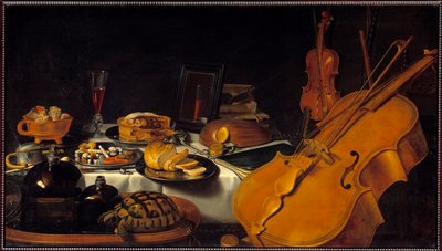 Asetelma soittimilla Kilpikonna, piirakka, lasi viiniä, leipää. Pieter Claeszin (1597-1661) maalaus (ec.holl.) 1623 Su. 0,69 x 1,22 m tekijältä Pieter Claesz