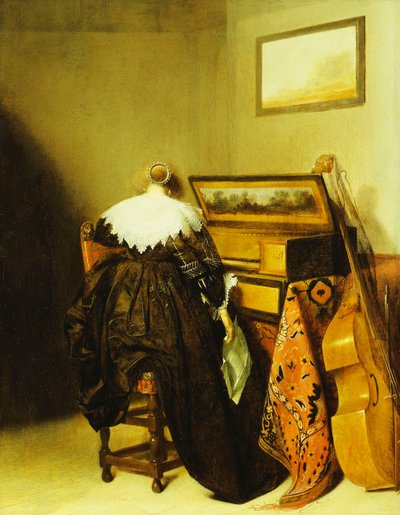 Istuva nainen takaa katsottuna neitsyen edessä, tekijältä Pieter Codde