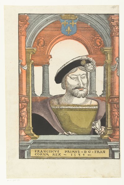 Ranskalaisen Francis I:n muotokuva Francis primus - d g . francorum rex (otsikko esineessä) tekijältä Pieter Coecke van Aelst (I) (circle of)