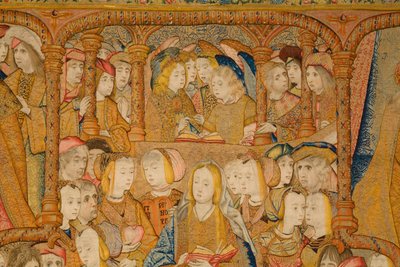 Flanderin kuvakudos. Ilmoitus. Yksityiskohta, n. 1502-04 (kulta, hopea, silkki ja villa) tekijältä Pieter Coecke van Aelst