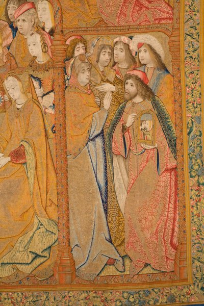 Flanderin kuvakudos. Ilmoitus. Yksityiskohta, n. 1502-04 (kulta, hopea, silkki ja villa) tekijältä Pieter Coecke van Aelst
