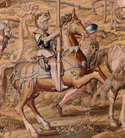 Flanderin kuvakudos. Sarja Tunisin valloitus; Barcelonan joukkojen katsaus (La revista de las tropas en Barcelona). Sarjan toinen kuvakudos. Malli Jan Vermeyen ja Pieter Coecke van Aelst. 1543-1548. Valmistus Real Fábrica de Tapices de Sant tekijältä Pieter Coecke van Aelst
