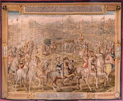Flanderin kuvakudos. Sarja Tunisin valloitus; Barcelonan joukkojen katsaus (La revista de las tropas en Barcelona). Sarjan toinen kuvakudos. Malli Jan Vermeyen ja Pieter Coecke van Aelst. 1543-1548. Valmistus Real Fábrica de Tapices de Sant tekijältä Pieter Coecke van Aelst