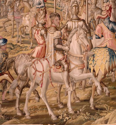 Flanderin kuvakudos. Sarja Tunisin valloitus; Barcelonan joukkojen katsaus (La revista de las tropas en Barcelona). Sarjan toinen kuvakudos. Malli Jan Vermeyen ja Pieter Coecke van Aelst. 1543-1548. Valmistus Real Fábrica de Tapices de Sant tekijältä Pieter Coecke van Aelst