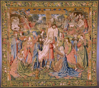 Flanderin kuvakudos. Sarja Kristuksen kärsimys: Laskeutuminen ristiltä (Kruisafneming, Descendimiento de la cruz). Valmistus Pieter van Aelst. Sarjakuvapiirtäjä Jan van Roome. Noin 1507-1520. tekijältä Pieter Coecke van Aelst