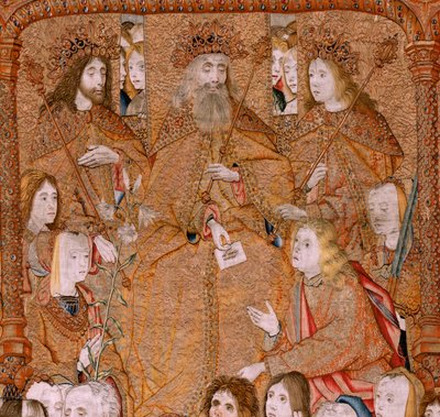 Flanderin kuvakudos. Sarja Triumphs of the Mother tai Paños de Oro. Jumala lähettää arkkienkeli Gabrielin. Ensimmäinen kuvakudos sarjassa. Malli Colin de Cooter(?). Valmistus Pieter van Aelst (tai van Edingen), Bryssel. Noin 1500-1502. tekijältä Pieter Coecke van Aelst
