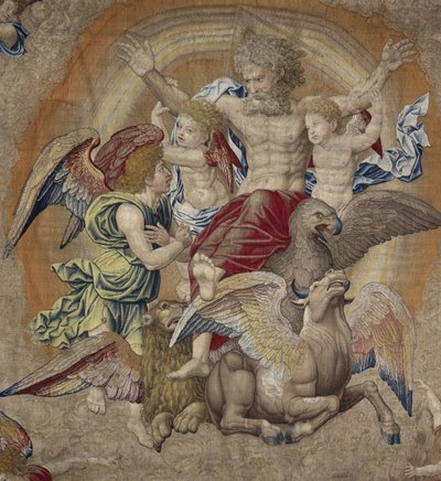 Isä Jumala neljännen apostolin symboleilla (tetramorfos), joka tunnetaan nimellä Kolminaisuus tekijältä Pieter Coecke van Aelst