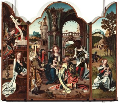 Taikaiden palvonnan triptyykki Vasen paneeli: Ilmoitus - Oikea paneeli: Ilmoitus, vasemmalla ja Lento Egyptiin oikealla Pieter Coeck van Aelstin (1502-1550) maalaus 1500-luvun Genes Musei di Strada Nuova (ex Palazzo Bianco) inv n PB tekijältä Pieter Coecke van Aelst