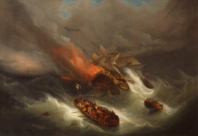 Kauppalaiva Kentin täydellinen tuhoutuminen tulipalossa (öljy kankaalle) tekijältä Pieter Cornelis Dommerson