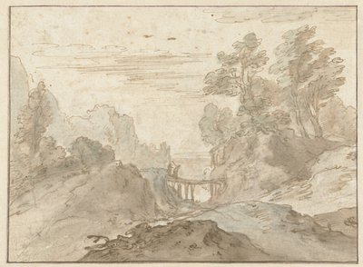 Vuoristomaisema kahdella hahmolla kapealla sillalla tekijältä Pieter Dircksz van Santvoort (possibly)