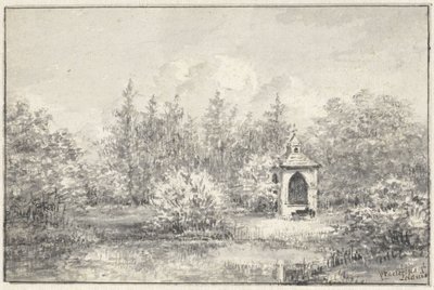 Näkymä Leiduinin puistossa, talo puiden välissä tekijältä Pieter Ernst Hendrik Praetorius