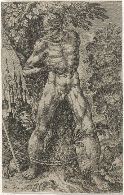 Achior sidottu puuhun tekijältä Pieter Feddes van Harlingen