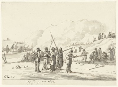 Siviilien leiriytys Pohjois-Hollannin dyyneille, 19. tammikuuta 1814 tekijältä Pieter Gerardus van Os (signed by artist)