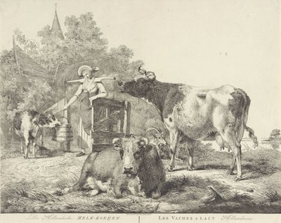 Lehmät ja maitotyttö De Hollandsche Melk-koeijen/ Les vaches â lait hollandaises (otsikko esineessä) tekijältä Pieter Gerardus van Os