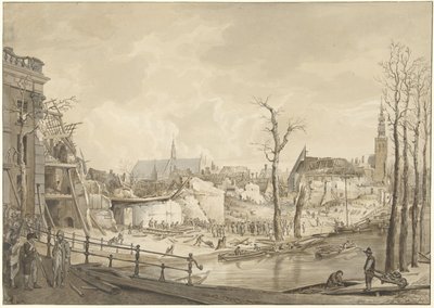 Rauniot Steenschuurin pohjoispuolella Leidenin ruutikatastrofin jälkeen 12. tammikuuta 1807 tekijältä Pieter Gerardus van Os